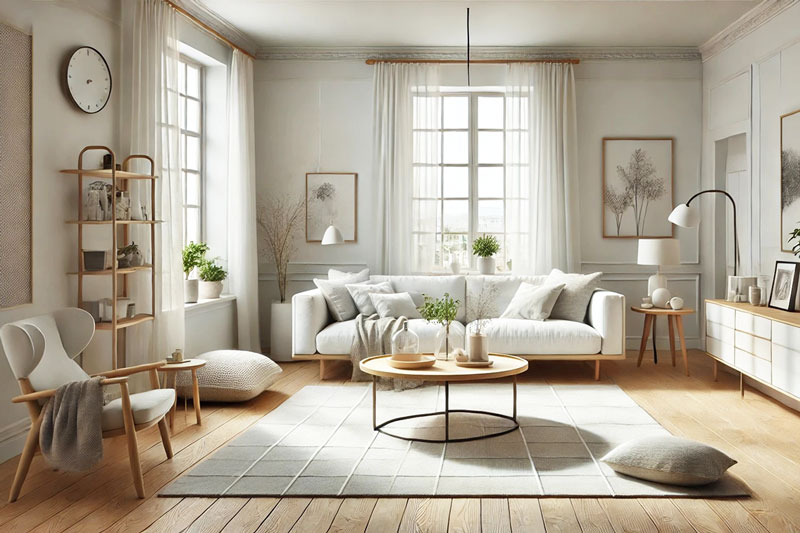 phòng khách được trang trí theo phong cách thiết kế Scandinavia, nổi bật với sự đơn giản, tối giản và tiện dụng