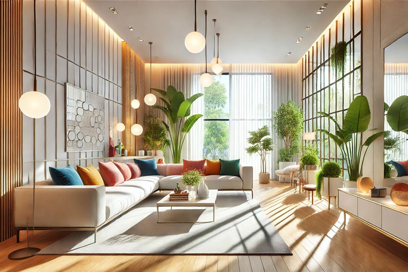 phòng khách sống động được thiết kế để sử dụng hiệu quả ánh sáng và màu sắc nhằm nâng cao không gian.