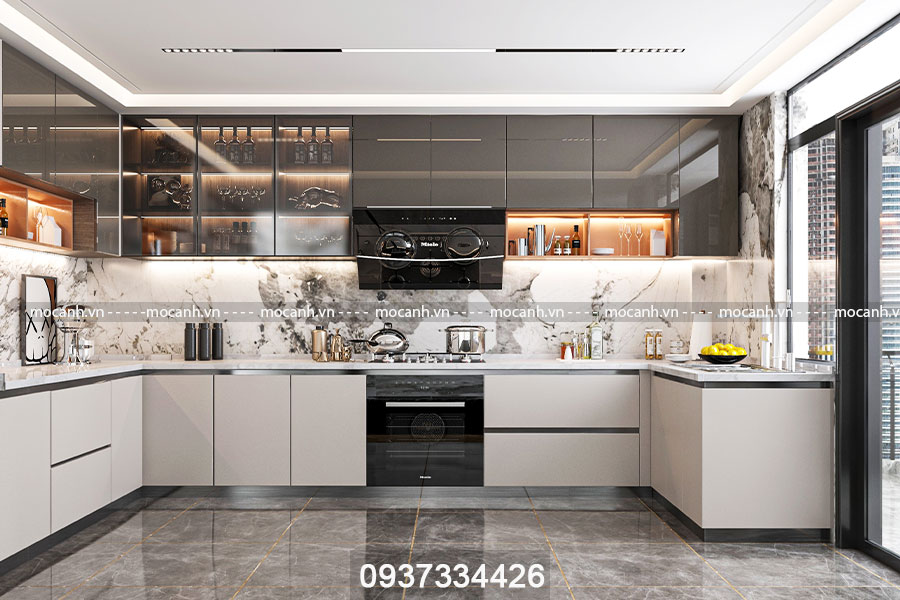 Tủ bếp acrylic bóng gương là sự kết hợp hoàn hảo giữa vật liệu acrylic cao cấp với bề mặt phủ bóng gương