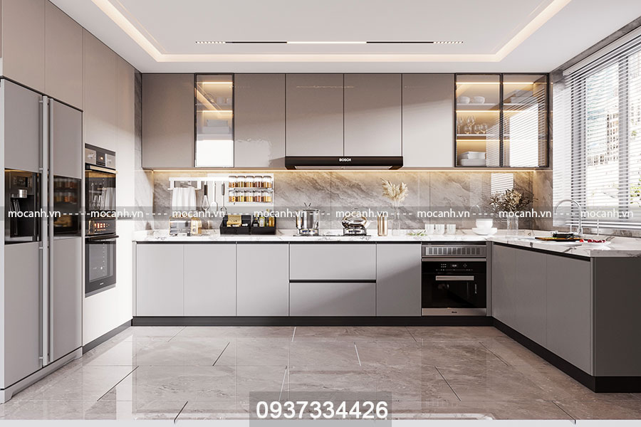 Tủ bếp acrylic bóng gương là sự kết hợp hoàn hảo giữa vật liệu acrylic cao cấp với bề mặt phủ bóng gương