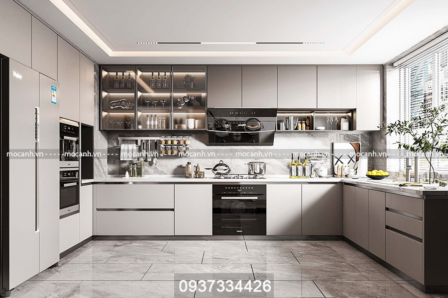 Tủ bếp nhựa Acrylic cung cấp một bề mặt hoàn thiện sáng bóng và mượt mà